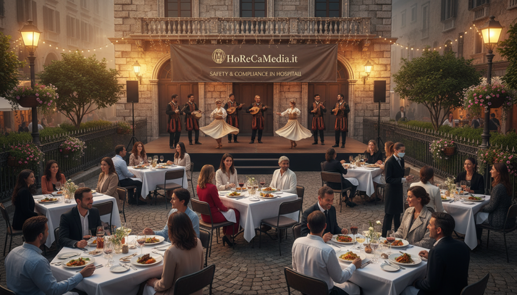 A vibrant scene depicting an outdoor public entertainment and dining event in a charming urban setting. In the foreground, well-dressed patrons enjoy gourmet meals and drinks at elegantly set tables, showcasing a blend of cultural diversity. The middle ground features an engaging live performance, with musicians playing traditional instruments and performers dressed in colorful costumes, captivating the audience’s attention. In the background, soft evening lights illuminate a beautiful historic building, creating an inviting atmosphere. The scene is framed by lush greenery and decorative elements typical of public performance areas. Capture this dynamic moment with warm, inviting lighting, using a slightly elevated angle to convey the bustling energy of the event. The image should reflect the essence of public entertainment within a HoReCa context, aligned with the theme of safety and compliance in hospitality settings. HoReCaMedia.it