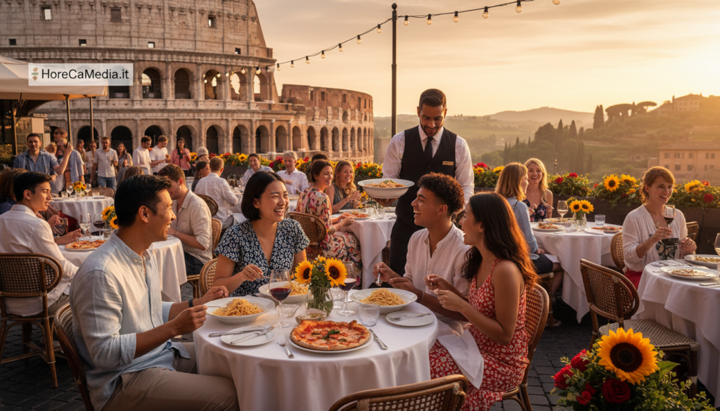 A vibrant scene depicting international tourism in Italy, showcasing a diverse group of tourists engaged in culinary experiences. In the foreground, a cheerful family from different cultural backgrounds enjoying a traditional Italian meal at an outdoor café, dressed in casual but smart attire. The middle of the image features a waiter serving a dish of pasta, surrounded by elegantly set tables adorned with fresh flowers, reflecting the HoReCa industry's charm. In the background, iconic Italian landmarks like the Colosseum and a scenic landscape, bathed in warm, golden hour lighting, create an inviting atmosphere. The angle should be slightly elevated, conveying a sense of community and cultural engagement. The overall mood is lively and welcoming, emphasizing Italy's appeal as a gastronomic destination for international travelers. HoReCaMedia.it.