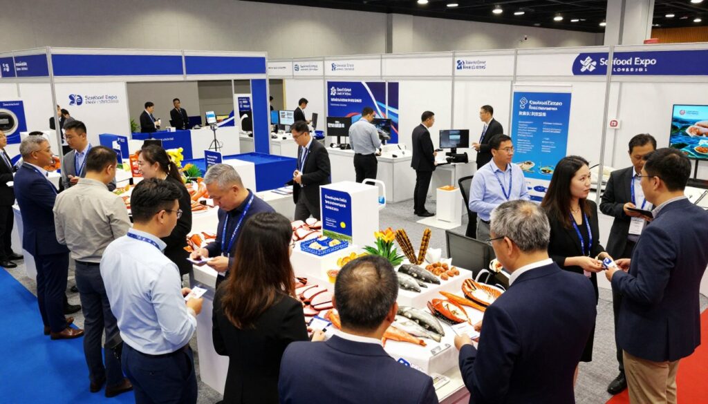 A vibrant seafood expo scene is set in a spacious convention center, filled with professionals networking and engaging in business discussions. In the foreground, a diverse group of attendees in smart casual and professional business attire are exchanging business cards over tables adorned with fresh seafood displays. In the middle, booths showcasing various seafood products like fish, shellfish, and aquaculture equipment draw attention, with representatives passionately explaining their offerings. The background features banners and signage for the Seafood Expo Global, emphasizing a collaborative atmosphere. Soft, bright lighting enhances the mood of optimism and opportunity, while a wide-angle perspective captures the energy of the event. This image visually represents the theme of networking and business opportunities in the seafood industry, aligning with the topic of HoReCa settings.