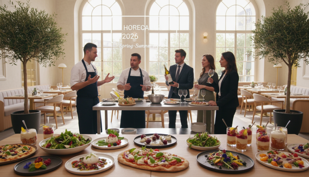 A vibrant spring-summer gastronomic trend analysis scene set in a contemporary dining space. In the foreground, an elegantly arranged table displays colorful seasonal dishes, including fresh salads, artisanal pizzas, and innovative desserts, all artfully presented with garnishes. The middle ground features chefs in professional attire passionately discussing menu innovations, and a sommelier presenting wine pairings to a group of interested diners. The background showcases a bright and airy restaurant interior with large windows letting in warm, natural light, creating an inviting atmosphere. The overall mood is one of excitement and sophistication, reflecting the latest culinary trends. The image should convey the essence of HoReCa settings, highlighting the dynamic interactions between chefs, customers, and the delightful dishes that define the 2026 spring-summer menu trends.