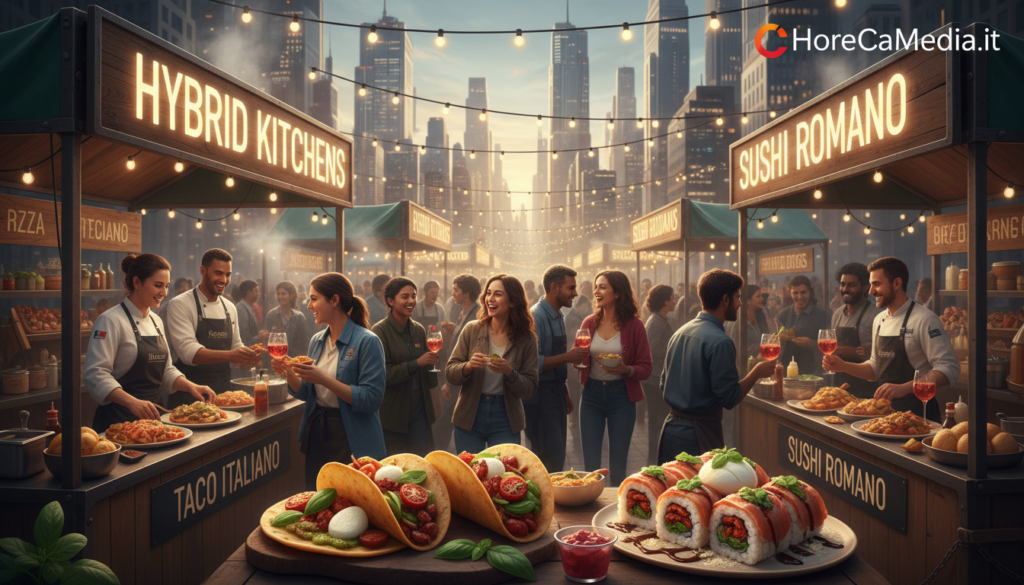 A vibrant street food setting in 2026, showcasing the fusion of global cuisines with Italian ingredients. In the foreground, a bustling food market scene with chefs in professional attire expertly preparing dishes. A variety of colorful food stalls display innovative dishes that blend international flavors with traditional Italian elements, such as tacos made with fresh basil and mozzarella or sushi featuring local tomatoes. The middle ground features diverse groups of people enjoying these culinary delights, reflecting different cultures, with an emphasis on smiles and communal enjoyment. In the background, a modern urban skyline illuminated by warm, inviting lighting, suggesting a lively atmosphere. The image should evoke a sense of culinary excitement and cultural exchange, perfect for illustrating the theme of hybrid kitchens in contemporary street food. HoReCaMedia.it. A vibrant street food setting in 2026, showcasing the fusion of global cuisines with Italian ingredients. In the foreground, a bustling food market scene with chefs in professional attire expertly preparing dishes. A variety of colorful food stalls display innovative dishes that blend international flavors with traditional Italian elements, such as tacos made with fresh basil and mozzarella or sushi featuring local tomatoes. The middle ground features diverse groups of people enjoying these culinary delights, reflecting different cultures, with an emphasis on smiles and communal enjoyment. In the background, a modern urban skyline illuminated by warm, inviting lighting, suggesting a lively atmosphere. The image should evoke a sense of culinary excitement and cultural exchange, perfect for illustrating the theme of hybrid kitchens in contemporary street food. HoReCaMedia.it.