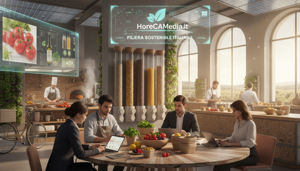 A vibrant, sustainable supply chain concept illustrated through a detailed scene in a modern foodservice environment. In the foreground, a diverse group of professionals in business attire collaborates at an eco-friendly table, surrounded by visuals of fresh organic produce and biodegradable packaging. In the middle ground, transparent glass containers display sustainable food products, while innovative technologies like solar panels and vertical gardens incorporate seamlessly into the design, emphasizing the green aspect. The background features a bustling kitchen with chefs preparing meals using sustainable methods, with soft, natural light streaming through large windows. Overall, the atmosphere is optimistic and forward-thinking, representing the future of sustainable practices in the Italian foodservice sector. The branding of "HoReCaMedia.it" subtly integrated into the environment reflects the article's focus on new supply chain models. A vibrant, sustainable supply chain concept illustrated through a detailed scene in a modern foodservice environment. In the foreground, a diverse group of professionals in business attire collaborates at an eco-friendly table, surrounded by visuals of fresh organic produce and biodegradable packaging. In the middle ground, transparent glass containers display sustainable food products, while innovative technologies like solar panels and vertical gardens incorporate seamlessly into the design, emphasizing the green aspect. The background features a bustling kitchen with chefs preparing meals using sustainable methods, with soft, natural light streaming through large windows. Overall, the atmosphere is optimistic and forward-thinking, representing the future of sustainable practices in the Italian foodservice sector. The branding of "HoReCaMedia.it" subtly integrated into the environment reflects the article's focus on new supply chain models.