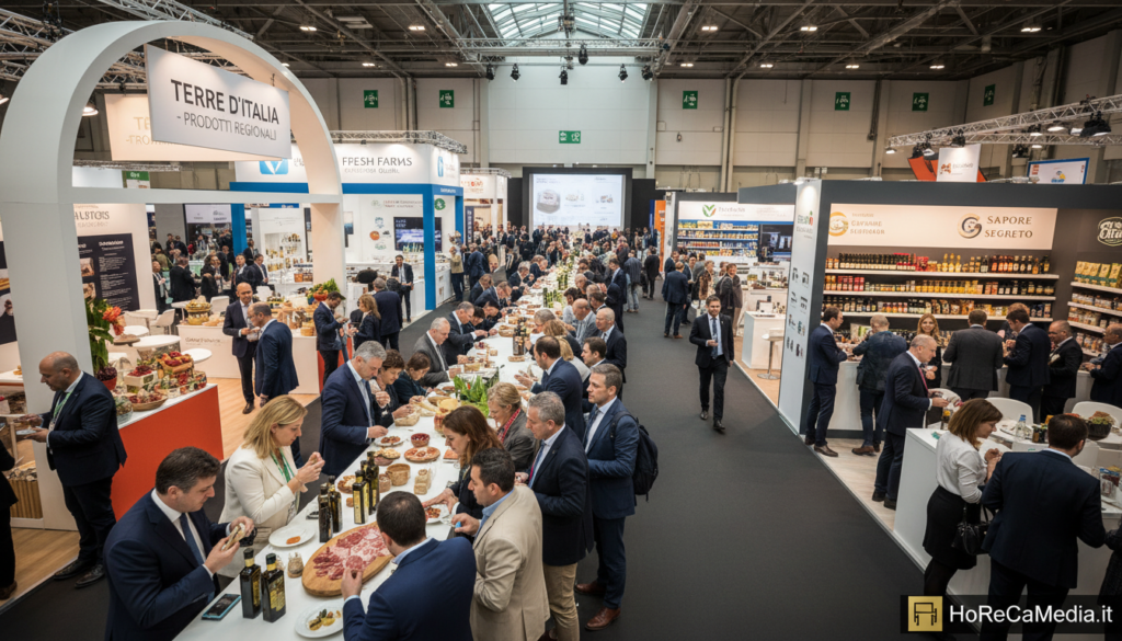 A vibrant trade fair scene set in a spacious convention center, filled with professional food distributors and restaurateurs engaging in discussions. In the foreground, a diverse group of attendees in professional attire are examining food products displayed at colorful booths. The middle ground features elegantly designed stands showcasing various gourmet foods, fresh produce, and culinary equipment, each booth adorned with eye-catching banners. The background reveals large crowds mingling, networking, and attending presentations, with soft ambient lighting creating an inviting atmosphere. The overall mood is dynamic and collaborative, conveying the excitement of strategic food sector events. Capture this vivid image at an angle that highlights the interaction between attendees and the food displays. This representation is brought to you by HoReCaMedia.it.