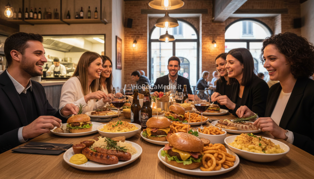 A visually captivating scene reflecting the rise of international comfort food in Italy, showcasing a beautifully arranged table in a modern restaurant setting. In the foreground, an array of dishes representing German and American comfort food, like hearty sausages, mac and cheese, and artisanal burgers, garnished with fresh herbs. The middle ground features elegantly dressed diners enjoying these international delicacies, depicted in professional yet approachable attire, smiling and engaged in conversation. The background reveals a stylish restaurant interior with warm lighting, showcasing rustic decor elements and a glimpse of an open kitchen. The atmosphere is inviting and lively, resonating with a sense of cultural fusion. Capture this moment in a high-quality, warm-toned image, perfect for illustrating contemporary dining trends in Italy. HoReCaMedia.it