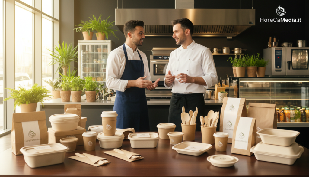 A visually striking representation of sustainable food packaging in a Ho.Re.Ca. setting. In the foreground, showcase an array of eco-friendly food packages made from biodegradable materials, beautifully arranged on a sleek table. In the middle ground, capture a barista and a chef collaborating in a cafe kitchen, both dressed in professional, business-like attire, discussing innovative packaging solutions. The background features a stylish modern kitchen, adorned with greenery and energy-efficient appliances. Soft, natural lighting filters through large windows, casting warm tones over the scene, enhancing a mood of innovation and sustainability. Emphasize the logo "HoReCaMedia.it" subtly integrated into the packaging designs, conveying a fresh, forward-thinking atmosphere in the food service industry. A visually striking representation of sustainable food packaging in a Ho.Re.Ca. setting. In the foreground, showcase an array of eco-friendly food packages made from biodegradable materials, beautifully arranged on a sleek table. In the middle ground, capture a barista and a chef collaborating in a cafe kitchen, both dressed in professional, business-like attire, discussing innovative packaging solutions. The background features a stylish modern kitchen, adorned with greenery and energy-efficient appliances. Soft, natural lighting filters through large windows, casting warm tones over the scene, enhancing a mood of innovation and sustainability. Emphasize the logo "HoReCaMedia.it" subtly integrated into the packaging designs, conveying a fresh, forward-thinking atmosphere in the food service industry.