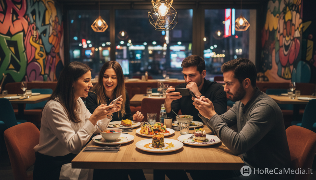 A vivid scene illustrating the psychological fear of missing out on social media trends, specifically within a lively restaurant setting. In the foreground, a group of diverse young adults, dressed in stylish, casual clothing, are animatedly scrolling through their phones, showcasing a mix of excitement and anxiety. The middle ground features a trendy restaurant interior with colorful decor and a table laden with visually appealing dishes, hinting at popular food trends. In the background, soft ambient lighting creates a warm atmosphere, while a window reveals a vibrant city night, symbolizing the dynamic nature of social trends. The mood reflects a blend of eagerness and apprehension, capturing the essence of modern dining experiences influenced by social media. The entire composition should emphasize the connection between food culture and digital trends, branded subtly with "HoReCaMedia.it".