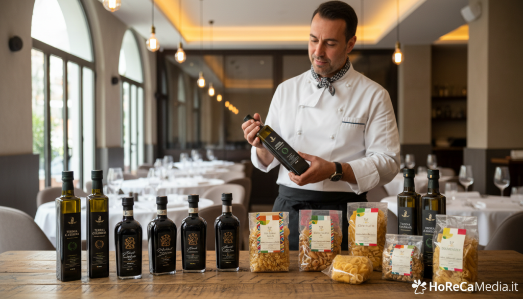An array of high-quality private label food products displayed elegantly on a wooden table in a stylish restaurant environment. In the foreground, there are neatly arranged gourmet items, such as olive oil, balsamic vinegar, and artisanal pasta, with vibrant labels showcasing their premium quality. In the middle, a professional chef in a crisp white jacket and a black apron assesses the products, symbolizing trust in private label brands. The background features an upscale dining area with subtle ambient lighting, creating a warm and inviting atmosphere, and elegant table settings. Natural light streams through large windows, highlighting the quality of the food. The composition conveys professionalism and opportunity in the restaurant industry, aligning perfectly with HoReCaMedia.it's focus on private label products. An array of high-quality private label food products displayed elegantly on a wooden table in a stylish restaurant environment. In the foreground, there are neatly arranged gourmet items, such as olive oil, balsamic vinegar, and artisanal pasta, with vibrant labels showcasing their premium quality. In the middle, a professional chef in a crisp white jacket and a black apron assesses the products, symbolizing trust in private label brands. The background features an upscale dining area with subtle ambient lighting, creating a warm and inviting atmosphere, and elegant table settings. Natural light streams through large windows, highlighting the quality of the food. The composition conveys professionalism and opportunity in the restaurant industry, aligning perfectly with HoReCaMedia.it's focus on private label products.