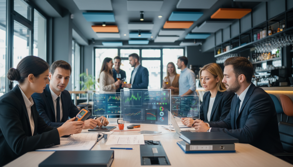 Create a detailed and vibrant image illustrating "relazione impatto acustico" in the context of the HoReCa sector. In the foreground, depict a professional team in business attire, discussing sound measurement equipment and technical documents related to noise pollution regulations for bars, restaurants, and night venues. In the middle, include sound analysis charts and graphs on a conference table, symbolizing compliance and technical documentation. The background should feature a modern bar or restaurant with acoustic panels and patrons engaged in conversation, conveying a lively yet regulated atmosphere. Use bright, natural lighting to create a professional mood, with a shallow depth of field to draw focus to the documentation and team discussion. Create a detailed and vibrant image illustrating "relazione impatto acustico" in the context of the HoReCa sector. In the foreground, depict a professional team in business attire, discussing sound measurement equipment and technical documents related to noise pollution regulations for bars, restaurants, and night venues. In the middle, include sound analysis charts and graphs on a conference table, symbolizing compliance and technical documentation. The background should feature a modern bar or restaurant with acoustic panels and patrons engaged in conversation, conveying a lively yet regulated atmosphere. Use bright, natural lighting to create a professional mood, with a shallow depth of field to draw focus to the documentation and team discussion.