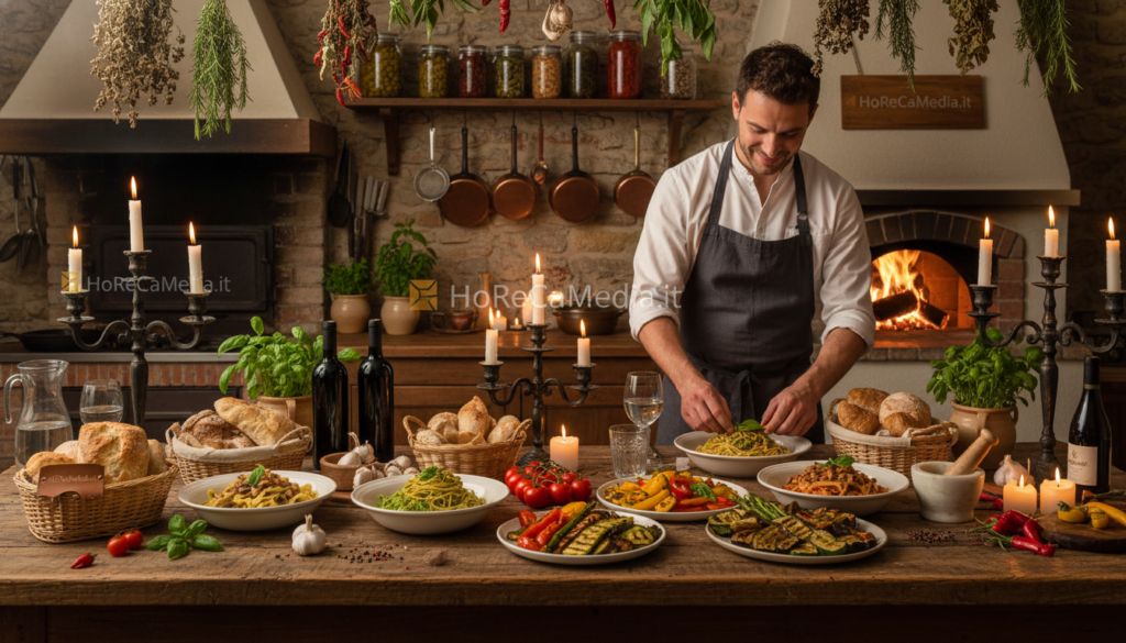 A beautifully styled rustic dining scene showcasing authentic Italian cuisine, emphasizing natural ingredients. In the foreground, a wooden table adorned with a vibrant spread of classic dishes, like handmade pasta, fresh vegetables, and artisan bread. A chef, dressed in a simple white shirt and dark apron, is passionately plating a dish, their expression focused and engaged, symbolizing storytelling through food. The middle ground features soft candlelight illuminating the warm ambiance, with herbs and spices artfully displayed nearby. In the background, a cozy kitchen setting reveals shelves of jars filled with local ingredients and cooking tools, evoking a sense of tradition. The overall mood is inviting and heartfelt, capturing the essence of authenticity in culinary storytelling. The brand "HoReCaMedia.it" is subtly suggested through the visual elements of the scene.