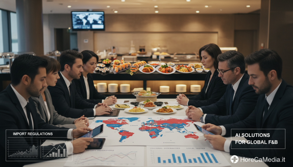A bustling HoReCa setting illustrating the challenges of internationalization in the food and beverage sector. In the foreground, a diverse group of professionals dressed in smart business attire are engaged in a strategic meeting, analyzing market data on digital devices. The middle ground features a map with marked global regions, surrounded by charts and visuals depicting barriers like import regulations and cultural differences. In the background, an elegantly designed restaurant showcases a fusion of international cuisines, symbolizing market entry. Soft, warm lighting creates an inviting atmosphere, while a shallow depth of field emphasizes the professionals’ focus on their discussion. The overall mood is one of determination and collaboration, reflecting the complexities of expanding into new markets through innovative AI solutions. HoReCaMedia.it is subtly integrated into the design elements.