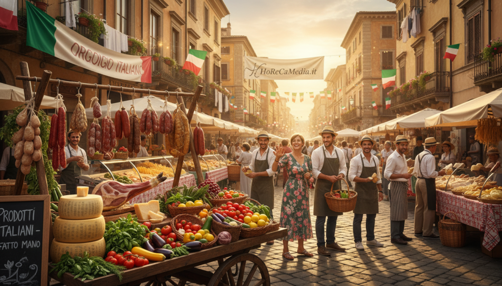 A bustling Italian marketplace, vividly showcasing "Made in Italy" products. In the foreground, an elegant display of artisanal food items such as cheeses, cured meats, and fresh vegetables, all vibrant and inviting. The middle ground features a diverse group of culturally attired vendors interacting with customers, emphasizing community and commerce. The background is a picturesque street lined with traditional Italian architecture, adorned with flags and decorations that signify Italian pride. Soft golden hour lighting casts a warm glow over the scene, creating an atmosphere of warmth and authenticity. The overall mood reflects the charm and quality associated with Italian brands, capturing the essence of local culture. The image is visually balanced and immersive, with a focus on quality craftsmanship and a sense of national pride tied to the HoReCa sector. The brand "HoReCaMedia.it" subtly integrated into the environment, enhancing the scene.