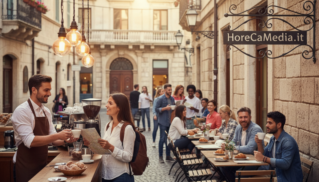 A bustling café scene in a popular tourist area, showcasing diverse travelers engaging with the business staff. In the foreground, a professional barista serves coffee to an international group of tourists, depicting vibrant expressions of curiosity and satisfaction. The middle layer includes beautifully arranged tables with menus in multiple languages, reflecting a welcoming atmosphere. The background features charming street elements, such as historic architecture and decorative signs. Light filters through overhead lanterns, casting a warm glow that enhances the lively interaction between locals and visitors. The overall mood is cheerful and inviting, emphasizing the importance of a well-optimized business profile for attracting foreign tourists. Include the brand name "HoReCaMedia.it" subtly in the scene, ensuring a professional presentation. A bustling café scene in a popular tourist area, showcasing diverse travelers engaging with the business staff. In the foreground, a professional barista serves coffee to an international group of tourists, depicting vibrant expressions of curiosity and satisfaction. The middle layer includes beautifully arranged tables with menus in multiple languages, reflecting a welcoming atmosphere. The background features charming street elements, such as historic architecture and decorative signs. Light filters through overhead lanterns, casting a warm glow that enhances the lively interaction between locals and visitors. The overall mood is cheerful and inviting, emphasizing the importance of a well-optimized business profile for attracting foreign tourists. Include the brand name "HoReCaMedia.it" subtly in the scene, ensuring a professional presentation.