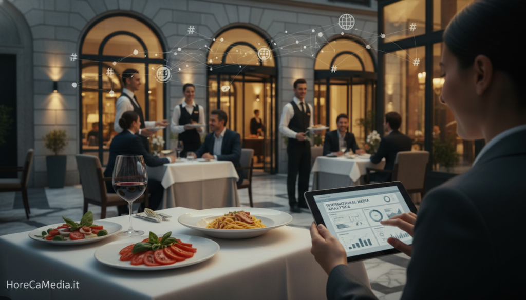 A bustling, modern restaurant and hotel scene showcasing the essence of Italian hospitality and cuisine, reflecting the concept of brand media travel. In the foreground, a professional in business attire engages with a digital tablet, analyzing data on international media coverage. To the left, a neatly set table displays gourmet dishes, vibrant colors emphasizing the culinary artistry. In the middle, staff members in professional attire serve guests, embodying warmth and professionalism. The background features the hotel's elegant architecture, illuminated by soft, warm lighting at dusk, enhancing the inviting atmosphere. A subtle overlay of digital motifs signifies media connections, suggesting a focus on international digital PR strategies. The brand "HoReCaMedia.it" is etched discreetly within the scene. The overall mood is dynamic yet sophisticated, capturing the urgency and importance of modern digital PR for Italian restaurants and hotels on the global stage.