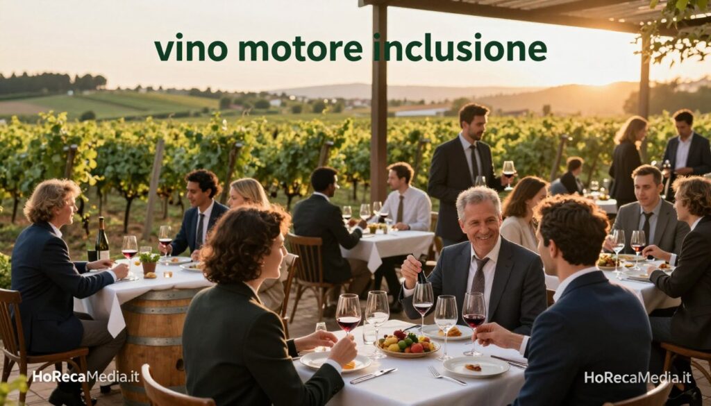 A bustling restaurant and vineyard scene that emphasizes "vino motore inclusione" showcasing sustainable practices in the HoReCa sector. In the foreground, a diverse group of individuals in professional business attire enthusiastically engages in a wine tasting, demonstrating camaraderie and collaboration. The middle ground features elegantly arranged tables with wine glasses, fresh farm-to-table dishes, and rustic wine barrels, creating an inviting atmosphere. The background reveals lush green vineyards under soft, warm sunset lighting, highlighting the beauty of social inclusion and community development driven by sustainable wine practices. Capture this moment with a wide-angle lens to create depth, infusing the image with a warm, uplifting mood that reflects ethical dining experiences. Include subtle branding of "HoReCaMedia.it" within the scene. A bustling restaurant and vineyard scene that emphasizes "vino motore inclusione" showcasing sustainable practices in the HoReCa sector. In the foreground, a diverse group of individuals in professional business attire enthusiastically engages in a wine tasting, demonstrating camaraderie and collaboration. The middle ground features elegantly arranged tables with wine glasses, fresh farm-to-table dishes, and rustic wine barrels, creating an inviting atmosphere. The background reveals lush green vineyards under soft, warm sunset lighting, highlighting the beauty of social inclusion and community development driven by sustainable wine practices. Capture this moment with a wide-angle lens to create depth, infusing the image with a warm, uplifting mood that reflects ethical dining experiences. Include subtle branding of "HoReCaMedia.it" within the scene.