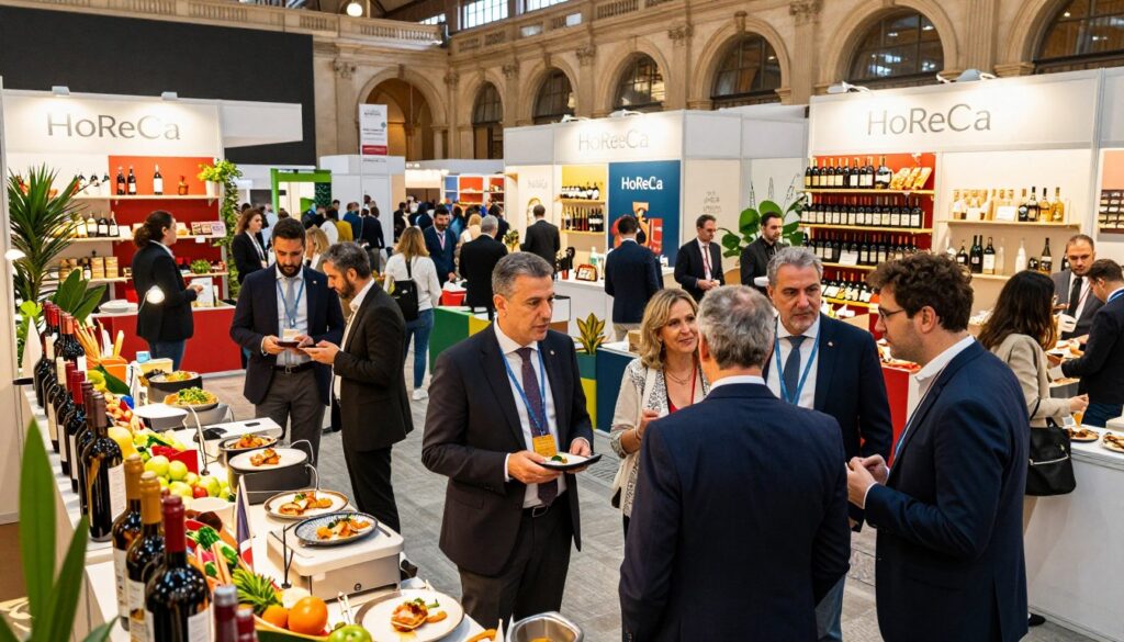 A bustling scene at the Fiera Mediterraneo in Palermo, showcasing vibrant exhibits focused on gastronomy and hospitality. In the foreground, a diverse group of professionals in business attire engage in discussions, examining culinary equipment and gourmet food displays. The middle ground features colorful stalls adorned with fresh local produce, fine wines, and artisanal products, inviting visitors to explore. In the background, the architectural beauty of the exhibition center contrasts with the lively atmosphere, under warm natural lighting that enhances the vibrancy of the scene. Capture the essence of collaboration and growth in the HoReCa industry, reflecting the thriving spirit of enogastronomy. The overall mood is energetic and inviting, embodying the significance of this event for Southern Italy. Visual style inspired by HoReCaMedia.it.