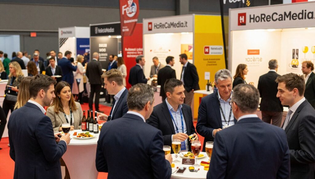 A bustling scene at the Rimini Expo Centre, showcasing international buyers engaged in vibrant networking activities related to the Beer&Food Attraction 2026 event. In the foreground, diverse professionals in business attire are discussing product samples, with craft beer and gourmet food items prominently displayed on elegant tables. In the middle ground, a dynamic trade show atmosphere includes colorful exhibition booths with eye-catching banners, featuring brands like "HoReCaMedia.it". The background reveals an expansive hall filled with attendees exploring various offerings, while soft lighting casts a warm glow, enhancing the inviting atmosphere. The overall mood is energetic and collaborative, reflecting a global exchange of culinary and beverage trends, emphasizing the theme of internationalization and networking in the hospitality sector.