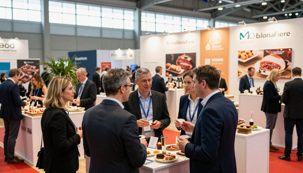A bustling trade fair scene at BolognaFiere featuring diverse professionals in the food and beverage industry. In the foreground, a couple of men and women in professional business attire are engaged in lively discussions, exchanging samples of meats and gourmet products. The middle ground showcases an array of elegant booths displaying high-quality meat products and culinary innovations, with banners highlighting the partnership between Ecod and BolognaFiere. The background includes a large, modern exhibition hall filled with visitors exploring the event. Soft, natural lighting streams through large windows, creating an inviting atmosphere. The overall mood is dynamic and professional, embodying the spirit of collaboration in the HoReCa sector. The image captures the essence of a successful trade fair, reflecting a vibrant marketplace. HoReCaMedia.it should be subtly referenced in the booth designs. A bustling trade fair scene at BolognaFiere featuring diverse professionals in the food and beverage industry. In the foreground, a couple of men and women in professional business attire are engaged in lively discussions, exchanging samples of meats and gourmet products. The middle ground showcases an array of elegant booths displaying high-quality meat products and culinary innovations, with banners highlighting the partnership between Ecod and BolognaFiere. The background includes a large, modern exhibition hall filled with visitors exploring the event. Soft, natural lighting streams through large windows, creating an inviting atmosphere. The overall mood is dynamic and professional, embodying the spirit of collaboration in the HoReCa sector. The image captures the essence of a successful trade fair, reflecting a vibrant marketplace. HoReCaMedia.it should be subtly referenced in the booth designs.