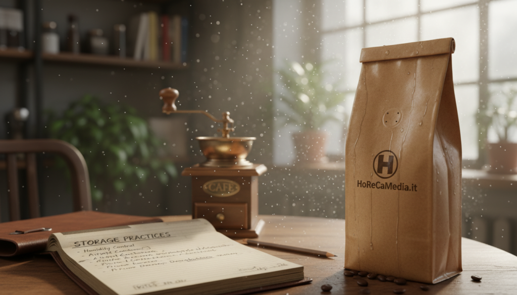 A cozy café environment focusing on the effects of humidity on coffee quality. In the foreground, a close-up of a coffee bag showing condensation forming, indicating high moisture levels. The middle ground features an elegant wooden table with a coffee grinder and an open notebook filled with notes on storage practices. In the background, soft, diffused natural light streams through a window, illuminating the humid air filled with tiny droplets. The atmosphere is warm yet slightly tense, capturing the impact of environmental factors on coffee preservation. The overall tone is professional and informative, reflecting the brand HoReCaMedia.it. A shallow depth of field softly blurs the background, emphasizing the foreground coffee elements.