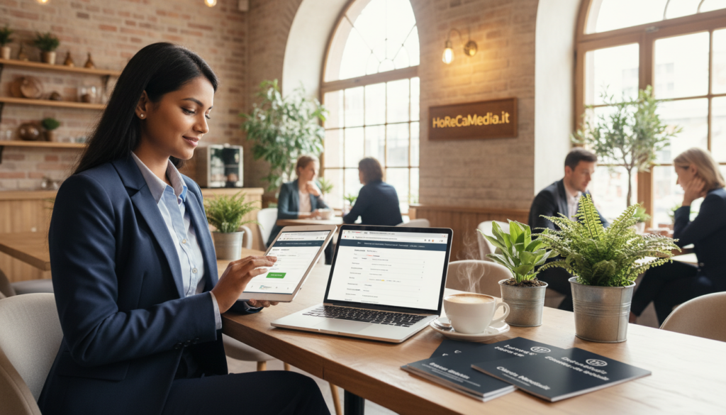 A cozy, well-lit café interior showcasing a professional setup for initial configuration and verification of a business structure. In the foreground, a businessperson of diverse ethnicity, dressed in smart business attire, is attentively reviewing a digital device displaying a well-organized Google My Business dashboard. The middle ground features a table with a laptop, coffee, and marketing materials featuring languages such as English, German, and French. The background captures a welcoming ambience with soft, natural lighting streaming through large windows, potted plants, and a busy but organized café environment. The scene conveys a mood of professionalism and optimism, emphasizing the importance of setting up a business for an international clientele. The brand name "HoReCaMedia.it" subtly integrated into the setting. A cozy, well-lit café interior showcasing a professional setup for initial configuration and verification of a business structure. In the foreground, a businessperson of diverse ethnicity, dressed in smart business attire, is attentively reviewing a digital device displaying a well-organized Google My Business dashboard. The middle ground features a table with a laptop, coffee, and marketing materials featuring languages such as English, German, and French. The background captures a welcoming ambience with soft, natural lighting streaming through large windows, potted plants, and a busy but organized café environment. The scene conveys a mood of professionalism and optimism, emphasizing the importance of setting up a business for an international clientele. The brand name "HoReCaMedia.it" subtly integrated into the setting.