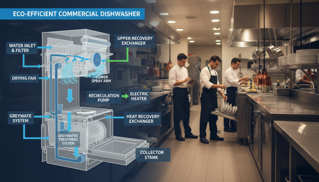 A detailed diagram showing the inner workings of a professional dishwasher, highlighting components like the water inlet and spray arms for an eco-efficient model. The foreground features clearly labeled parts with arrows indicating the flow of water and energy usage. In the middle ground, a sleek, modern kitchen environment in a HoReCa setting, with chefs in professional business attire working efficiently. The background includes subtle details of a bustling restaurant kitchen, softly illuminated by overhead lights to create a warm atmosphere. Use a close-up perspective with a shallow depth of field to emphasize the dishwasher's mechanism and its eco-friendly features, creating a sense of innovation and practicality.