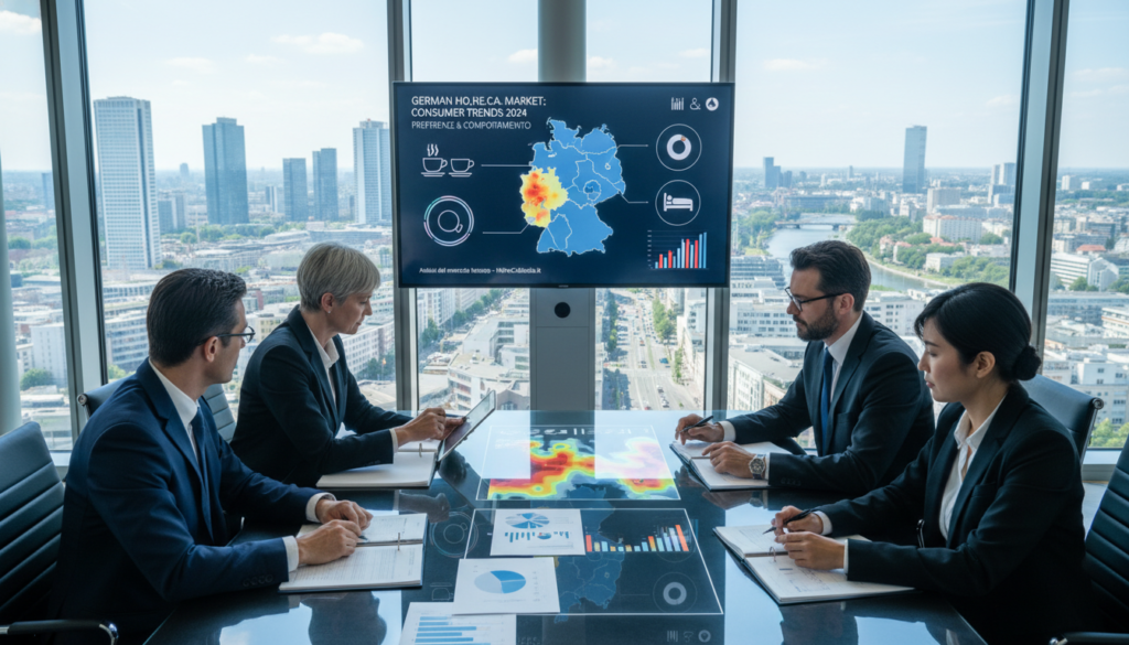 A dynamic analytical scene depicting the German Ho.Re.Ca. market in a modern business setting. In the foreground, a diverse group of professionals in business attire, including a meticulously dressed woman and a well-groomed man, review market reports and data on a sleek table filled with graphs and charts. The middle ground shows a wall-mounted digital display showcasing a vibrant infographic on consumer trends and preferences in Germany for the Ho.Re.Ca sector. In the background, large glass windows provide a panoramic view of a bustling urban landscape, emphasizing growth and activity. The lighting is bright and professional, evoking a focused and optimistic atmosphere. The overall composition conveys a sense of strategic planning and insight, embodying the essence of "Analisi del mercato tedesco" for HoReCaMedia.it.