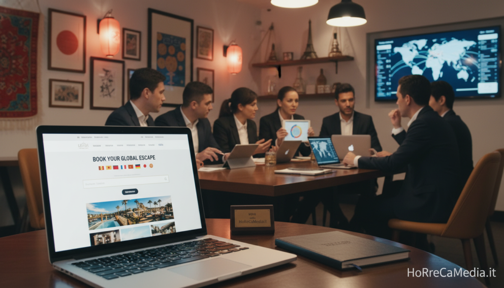 A modern, elegant hospitality setting showcasing a multilingual website interface on a laptop in the foreground, sleek and user-friendly design elements visible on the screen. In the middle, a professional, diverse team of individuals, dressed in business attire, collaborates around a conference table with digital devices, examining international SEO strategies. In the background, a stylish restaurant interior with vibrant international decor that reflects various cultures. Soft ambient lighting creates a warm atmosphere, enhancing the feeling of collaboration and innovation. A wall-mounted screen displays SEO analytics and global reach metrics. The scene conveys a sense of professionalism and modernity, emphasizing the importance of a multilingual web presence for restaurants and hotels. HoReCaMedia.it branding subtly integrated in the environment.