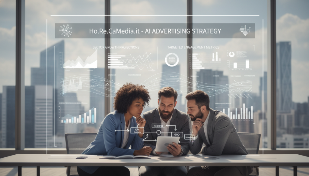 A modern office scene focused on AI-driven advertising strategy for the Ho.Re.Ca. and GDO sectors. In the foreground, a diverse group of three professionals, two men and one woman, dressed in business attire, are collaborating over a digital tablet displaying data visualizations and campaign strategies. The middle ground features a large screen showcasing graphs, charts, and Ho.Re.CaMedia.it branding, emphasizing analytics and AI technology. In the background, an inspiring urban cityscape through a large window with soft natural lighting illuminating the room, creating a bright and optimistic atmosphere. The image should evoke a sense of innovation and teamwork in a highly focused advertising setting. A modern office scene focused on AI-driven advertising strategy for the Ho.Re.Ca. and GDO sectors. In the foreground, a diverse group of three professionals, two men and one woman, dressed in business attire, are collaborating over a digital tablet displaying data visualizations and campaign strategies. The middle ground features a large screen showcasing graphs, charts, and Ho.Re.CaMedia.it branding, emphasizing analytics and AI technology. In the background, an inspiring urban cityscape through a large window with soft natural lighting illuminating the room, creating a bright and optimistic atmosphere. The image should evoke a sense of innovation and teamwork in a highly focused advertising setting.