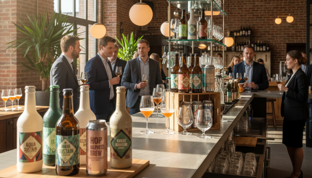 A modern packaging display for beverages and craft beer, showcased in a stylish HoReCa setting. In the foreground, close-up shots of innovative bottles and cans made with sustainable materials, featuring eye-catching labels that reflect recent design trends. The middle ground includes a sleek bar counter with a well-organized assortment of these products, complemented by elegant glassware. In the background, a lively and contemporary bar atmosphere with patrons dressed in professional business attire, enjoying their drinks. The lighting is bright yet warm, enhancing the inviting atmosphere, captured from a slightly elevated angle to highlight the packaging's details. This image embodies innovation and market trends in the beverage industry, suitable for the HoReCaMedia.it audience. A modern packaging display for beverages and craft beer, showcased in a stylish HoReCa setting. In the foreground, close-up shots of innovative bottles and cans made with sustainable materials, featuring eye-catching labels that reflect recent design trends. The middle ground includes a sleek bar counter with a well-organized assortment of these products, complemented by elegant glassware. In the background, a lively and contemporary bar atmosphere with patrons dressed in professional business attire, enjoying their drinks. The lighting is bright yet warm, enhancing the inviting atmosphere, captured from a slightly elevated angle to highlight the packaging's details. This image embodies innovation and market trends in the beverage industry, suitable for the HoReCaMedia.it audience.