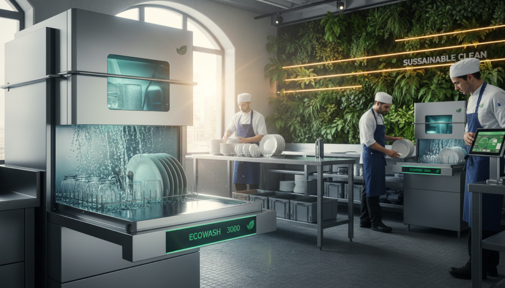 A modern professional kitchen showcasing eco-efficient commercial dishwashers in action, emphasizing innovation and sustainability. In the foreground, a sleek, stainless steel dishwasher is efficiently cleaning a stack of dishes, with water splashes reflecting the advanced technology. The middle ground features chefs in professional attire, engaging in kitchen activities, such as checking the dishwasher control panel and sorting dishes. The background displays vibrant green plants and energy-efficient lighting, suggesting a sustainable atmosphere. Soft natural light streams through large windows, creating an inviting ambience. The composition should highlight the synergy between technology and eco-friendliness, reinforcing the theme of sustainability within the HoReCa sector.