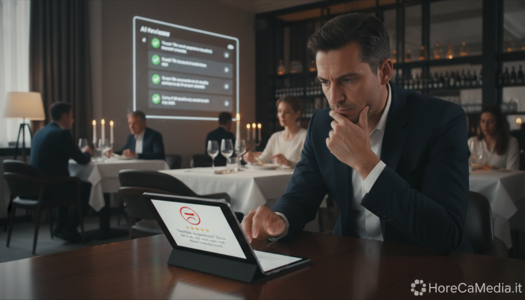 A modern restaurant environment showcasing a digital tablet displaying a negative review, situated prominently on a sleek dining table in the foreground. A stressed restaurant manager, dressed in professional business attire, is analyzing the review, appearing contemplative yet determined, symbolizing crisis management. In the middle ground, an elegant dining area filled with guests and beautifully set tables, with soft ambient lighting creating a warm atmosphere. In the background, a digital screen subtly displays positive AI-generated responses to reviews, emphasizing the integration of technology in the restaurant's operations. The scene conveys a sense of urgency and professionalism while highlighting the advantages of AI in handling online reputation crises. The overall mood is focused and proactive, with a soft-focus effect to draw attention to the tablet and the manager's expression. Include a subtle logo of "HoReCaMedia.it" in the corner, maintaining a clean look without distractions.