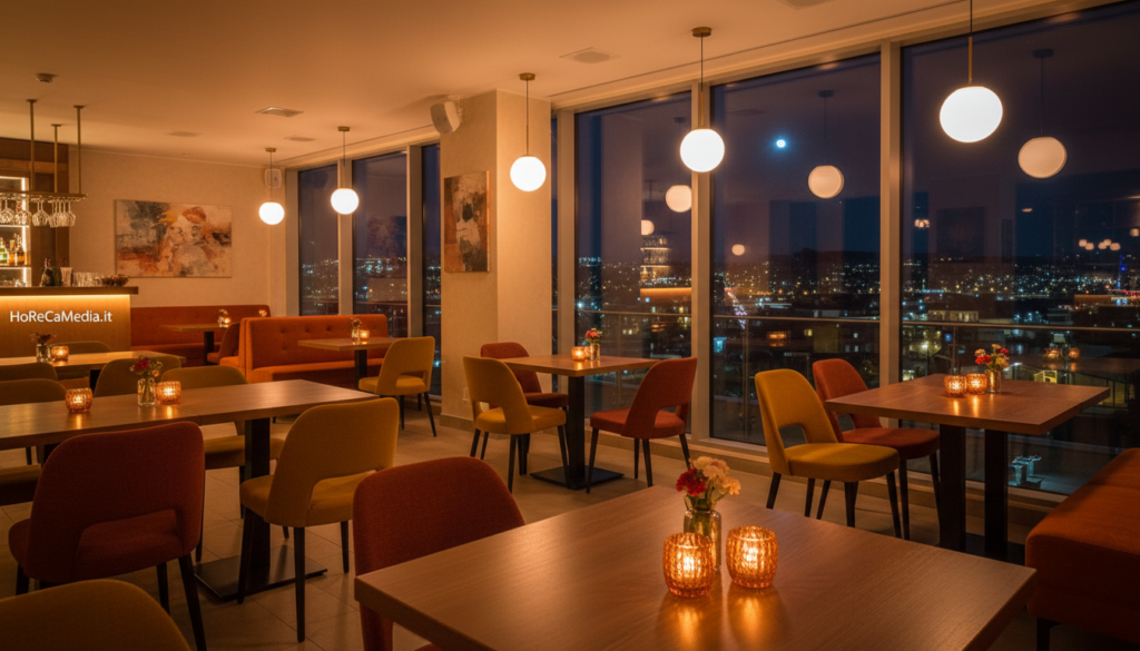 A modern restaurant interior design focusing on lighting and ambiance, showcasing a stylish dining area. In the foreground, elegant wooden tables with tasteful centerpieces and soft, flickering candlelight. The middle space features plush seating with cushions in warm, inviting colors, complemented by soft, ambient overhead lighting. The background reveals large windows with a cityscape view, allowing natural light to fill the room. Subtle wall art enhances the atmosphere without overwhelming it. Capture the inviting mood of a refined dining experience, emphasizing comfort and sophistication. Use a warm color palette with enhanced golden tones to create an inviting glow. Shoot from a slight angle to capture depth and perspective. Include reflections in the glass windows for added texture. Brand "HoReCaMedia.it" subtly integrated into the ambiance.
