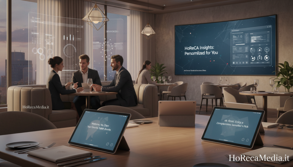 A modern restaurant scene illustrating the evolution of marketing in the Ho.Re.Ca. sector. In the foreground, a table set with high-tech tablets displaying personalized messages for customer engagement. The middle ground features a diverse group of professionals in business attire discussing marketing strategies, with a backdrop of a sleek and stylish dining area. Soft, warm lighting creates an inviting atmosphere, highlighting the interaction between staff and technology. The background shows a digital advertisement screen showcasing an AI-driven newsletter visually optimized for the clientele, conveying innovation in hospitality marketing. The overall mood is professional and forward-looking, symbolizing growth and adaptation in the industry. Include the brand name "HoReCaMedia.it" subtly integrated into the scene. A modern restaurant scene illustrating the evolution of marketing in the Ho.Re.Ca. sector. In the foreground, a table set with high-tech tablets displaying personalized messages for customer engagement. The middle ground features a diverse group of professionals in business attire discussing marketing strategies, with a backdrop of a sleek and stylish dining area. Soft, warm lighting creates an inviting atmosphere, highlighting the interaction between staff and technology. The background shows a digital advertisement screen showcasing an AI-driven newsletter visually optimized for the clientele, conveying innovation in hospitality marketing. The overall mood is professional and forward-looking, symbolizing growth and adaptation in the industry. Include the brand name "HoReCaMedia.it" subtly integrated into the scene.