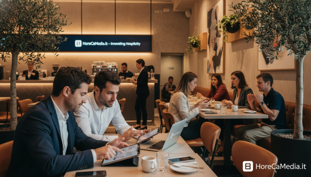 A modern, sleek restaurant and café interior setting, showcasing diverse professionals engaged in discussions and utilizing digital devices, emphasizing the role of AI in customer segmentation and personalized messaging. In the foreground, a group of three business professionals, one woman and two men, dressed in smart casual attire, actively analyzing data on tablets and laptops. The middle ground features elegant tables with customers enjoying their meals, creating a vibrant atmosphere. In the background, stylish décor with soft lighting and greenery, enhancing a welcoming ambiance. The overall mood is innovative and collaborative, reflecting the intersection of technology and hospitality. The brand name "HoReCaMedia.it" subtly integrated into the scene, conveying a strong connection to the HoReCa industry. A modern, sleek restaurant and café interior setting, showcasing diverse professionals engaged in discussions and utilizing digital devices, emphasizing the role of AI in customer segmentation and personalized messaging. In the foreground, a group of three business professionals, one woman and two men, dressed in smart casual attire, actively analyzing data on tablets and laptops. The middle ground features elegant tables with customers enjoying their meals, creating a vibrant atmosphere. In the background, stylish décor with soft lighting and greenery, enhancing a welcoming ambiance. The overall mood is innovative and collaborative, reflecting the intersection of technology and hospitality. The brand name "HoReCaMedia.it" subtly integrated into the scene, conveying a strong connection to the HoReCa industry.