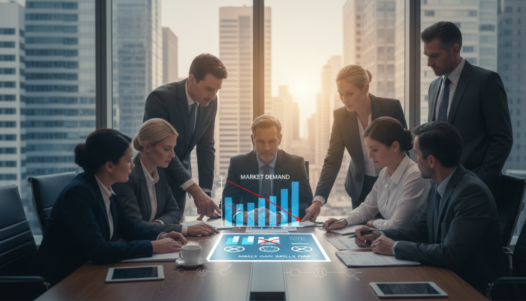 A professional business setting reflecting the challenges faced by the Ho.Re.Ca. sector. The foreground features a diverse group of business people in smart attire engaged in a discussion around a large table filled with charts and digital devices. In the middle, a graph illustrating market trends and skills shortages is prominently displayed, symbolizing the structural challenges in the industry. The background shows a modern office environment with large windows showcasing a bustling city, casting a warm, natural light creating a positive yet serious atmosphere. The color palette is muted with soft blues and grays, emphasizing professionalism and focus. The image should incorporate branding elements from HoReCaMedia.it subtly within the scene without any text. A professional business setting reflecting the challenges faced by the Ho.Re.Ca. sector. The foreground features a diverse group of business people in smart attire engaged in a discussion around a large table filled with charts and digital devices. In the middle, a graph illustrating market trends and skills shortages is prominently displayed, symbolizing the structural challenges in the industry. The background shows a modern office environment with large windows showcasing a bustling city, casting a warm, natural light creating a positive yet serious atmosphere. The color palette is muted with soft blues and grays, emphasizing professionalism and focus. The image should incorporate branding elements from HoReCaMedia.it subtly within the scene without any text.