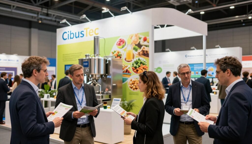 A professional business setting showcasing a vibrant and informative atmosphere for the CibusTec event taking place in Parma. In the foreground, a diverse group of business professionals in formal attire is engaged in discussions, reviewing brochures about food technology innovation. In the middle ground, a sleek, modern exhibition booth displays innovative food production machinery, adorned with bright, eye-catching graphics portraying the latest trends. The background features an expansive exhibition hall with soft, ambient lighting, radiating a welcoming glow, highlighting attendees networking and exploring the exhibits. The angle captures an inviting perspective that emphasizes collaboration and knowledge-sharing. The mood is energetic and optimistic, suggesting a hub of innovation in the food production industry. Include a subtle reference to HoReCaMedia.it within the exhibition context.