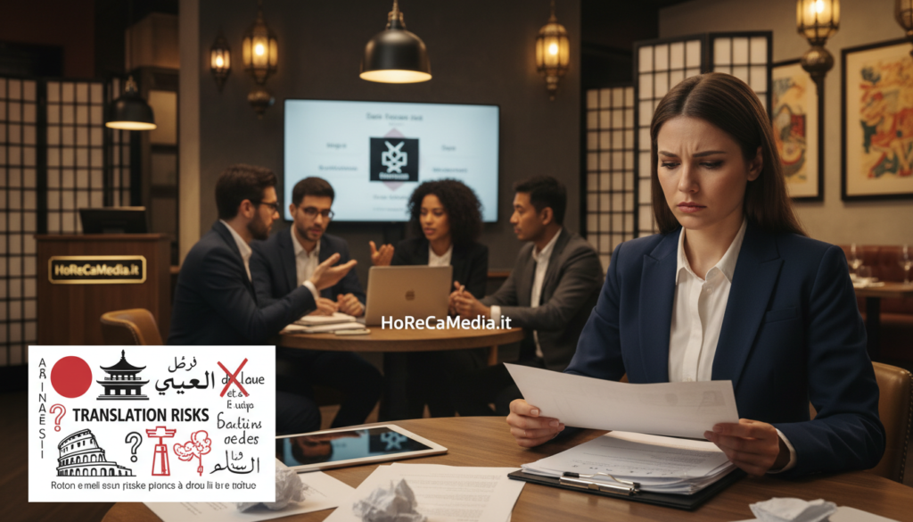 A professional setting illustrating the concept of translation risks in the Ho.Re.Ca industry. In the foreground, a concerned business professional in business attire examines documents with cultural symbols and linguistic elements scattered around. In the middle ground, a diverse team of translators engaged in discussion, highlighting the importance of accurate translation in maintaining brand identity. The background showcases a stylish restaurant environment, with subtle elements of various cultures represented. Soft, warm lighting creates an inviting yet serious atmosphere, emphasizing the importance of precise communication in the hospitality sector. The image subtly features the brand name "HoReCaMedia.it" integrated into the scene, conveying professionalism and expertise in translation. A professional setting illustrating the concept of translation risks in the Ho.Re.Ca industry. In the foreground, a concerned business professional in business attire examines documents with cultural symbols and linguistic elements scattered around. In the middle ground, a diverse team of translators engaged in discussion, highlighting the importance of accurate translation in maintaining brand identity. The background showcases a stylish restaurant environment, with subtle elements of various cultures represented. Soft, warm lighting creates an inviting yet serious atmosphere, emphasizing the importance of precise communication in the hospitality sector. The image subtly features the brand name "HoReCaMedia.it" integrated into the scene, conveying professionalism and expertise in translation.