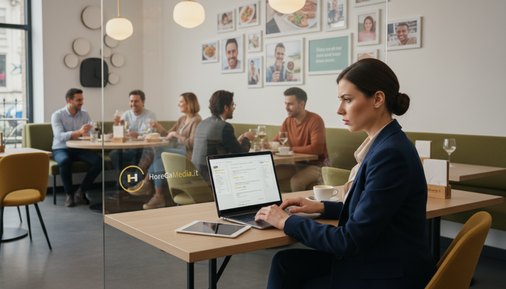 A professional setting in the hospitality industry, focusing on digital reputation management. In the foreground, a well-dressed businesswoman is intently analyzing online reviews on a laptop. Her expression reflects concern and determination, emphasizing the importance of managing negative feedback. In the middle ground, there's a stylish café ambiance with patrons enjoying their meals, creating a lively atmosphere. Soft ambient lighting highlights the café's modern decor and warm hues. In the background, a wall is adorned with framed pictures of positive customer experiences, symbolizing successful reputation management. The overall mood conveys urgency and professionalism, with a hint of optimism in the face of challenges in the online reputation landscape. Include a subtle logo of "HoReCaMedia.it" integrated into the café's design elements.