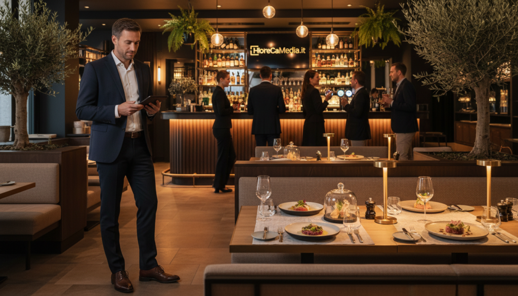 A sophisticated German consumer in 2026, exploring a modern HoReCa venue. In the foreground, a well-dressed individual in professional business attire examines a menu with a thoughtful expression. The middle ground features a sleek, stylish restaurant setting, with a focus on innovative food presentation and ambient lighting. The background shows a contemporary bar area, filled with patrons engaged in conversation, creating a lively atmosphere. Warm, inviting lighting casts a welcoming glow, emphasizing rich wooden textures and elegant decor. A touch of greenery with potted plants adds freshness. Capture the essence of a thriving, customer-oriented environment that reflects current trends in German dining experiences. The logo "HoReCaMedia.it" subtly embedded in the scene.