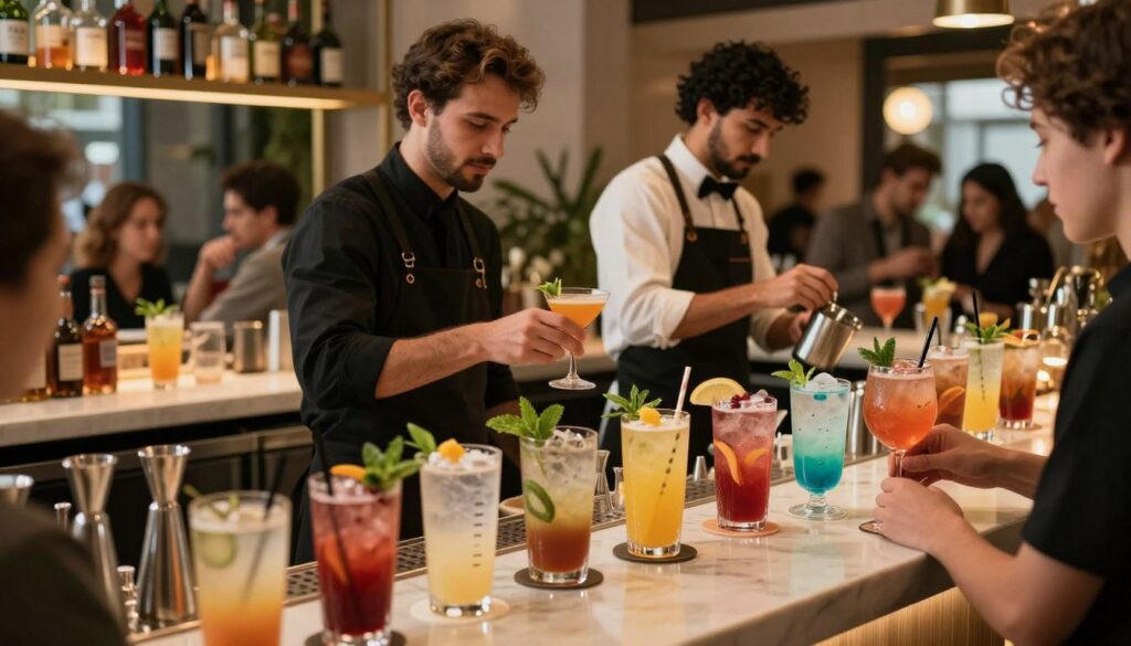 A vibrant and contemporary scene showcasing a trend beverage setup within a bustling HoReCa setting. In the foreground, a stylishly arranged bar featuring a variety of colorful, innovative drinks garnished with fresh herbs and fruits, emphasizing the evolution of mixology. The middle ground includes well-dressed bartenders in professional attire skillfully preparing cocktails, showcasing the artistry behind each beverage. Soft, ambient lighting creates a warm atmosphere, highlighting the beverages and the interactions of customers enjoying their drinks. The background features a modern café setting with patrons engaging in lively conversations, reflecting the social aspect of drinking trends. The scene encapsulates the essence of international beverage trends, perfect for illustrating the theme of innovation in the hospitality industry. HoReCaMedia.it. A vibrant and contemporary scene showcasing a trend beverage setup within a bustling HoReCa setting. In the foreground, a stylishly arranged bar featuring a variety of colorful, innovative drinks garnished with fresh herbs and fruits, emphasizing the evolution of mixology. The middle ground includes well-dressed bartenders in professional attire skillfully preparing cocktails, showcasing the artistry behind each beverage. Soft, ambient lighting creates a warm atmosphere, highlighting the beverages and the interactions of customers enjoying their drinks. The background features a modern café setting with patrons engaging in lively conversations, reflecting the social aspect of drinking trends. The scene encapsulates the essence of international beverage trends, perfect for illustrating the theme of innovation in the hospitality industry. HoReCaMedia.it.