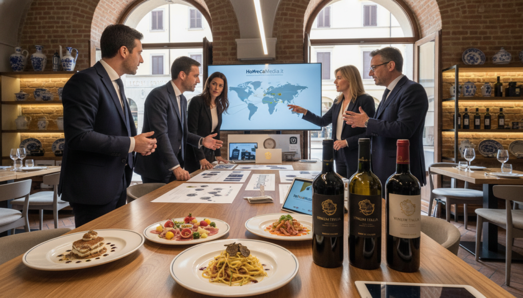 A vibrant and dynamic branding scene showcasing "HoReCaMedia.it" in an Italian professional export context. In the foreground, a sleek table with elegantly plated Italian dishes, symbolizing culinary excellence, alongside wine bottles labeled with sophisticated branding designs. In the middle ground, a diverse group of professionals in business attire is engaged in animated discussions, analyzing vibrant marketing materials and prototypes. The background features a stylish modern restaurant interior blending traditional Italian aesthetics with contemporary design elements. Soft, ambient lighting highlights the scene, casting a warm glow and creating an inviting atmosphere. Overall, the image conveys a sense of innovation and collaboration, reflecting the challenges and potentials of branding for the export of Italian Ho.Re.Ca. businesses globally.