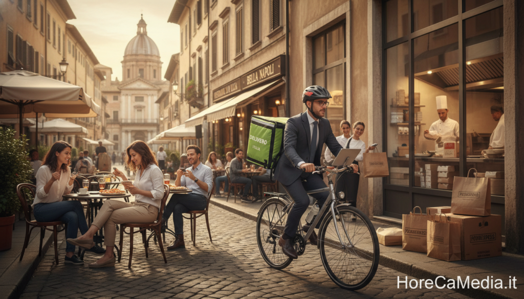A vibrant and dynamic cityscape representing the food delivery market in Italy. In the foreground, a professional-looking delivery worker in business attire is riding a bicycle, expertly navigating through urban streets filled with bustling restaurants and cafes. The middle ground features various restaurants with outdoor seating and smiling customers enjoying their meals, emphasizing the growing food delivery movement. In the background, iconic Italian architecture and scenes of food preparation can be seen, with delivery bags prominently displayed to illustrate the concept. Soft, warm lighting enhances the inviting atmosphere, while a slight depth of field brings focus to the delivery worker in the foreground. The image reflects the theme of market analysis in the food delivery sector, showcasing growth, opportunities, and strategic engagement in the HoReCa industry, with a subtle watermark of "HoReCaMedia.it" in the corner.