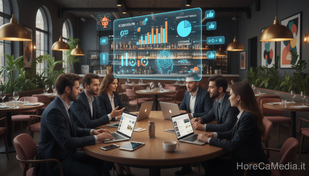 A vibrant and dynamic digital scene representing the concept of social media, focusing on the hospitality industry. In the foreground, show a diverse group of professionals, dressed in smart business attire, collaborating around a sleek, modern table with laptops and smartphones, engaging with social media platforms. In the middle ground, depict a large screen displaying colorful infographics and social media metrics, illustrating the impact of AI in digital PR for restaurants and hotels. The background features a cozy yet contemporary restaurant setting, with neat tables and beautiful decor, showcasing hospitality's charm. Use warm, inviting lighting to create a professional yet approachable atmosphere, evoking innovation and connectivity. This image should encapsulate the role of AI in communication strategies for the hospitality sector, with a subtle watermark of "HoReCaMedia.it" included.