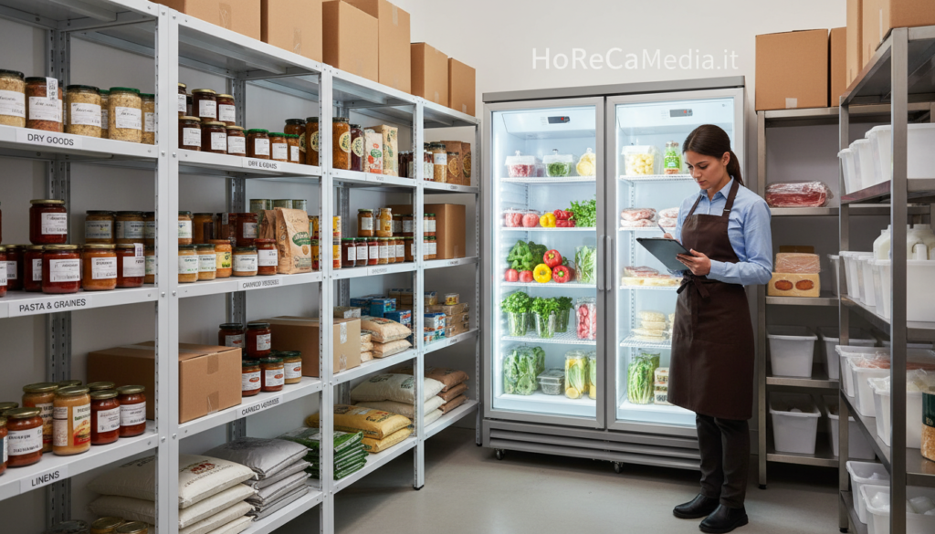 A vibrant and professional interior of a restaurant's storage room, focused on efficient inventory management. In the foreground, neatly organized shelves filled with various food items and supplies, labeled clearly for easy access. A staff member, dressed in a smart shirt and apron, is carefully checking stock levels on a clipboard, embodying professionalism and diligence. In the middle ground, an open fridge displaying fresh produce, with bright lighting illuminating the space, enhancing the atmosphere of cleanliness and organization. The background features additional storage areas with boxes and containers, showcasing a well-managed inventory system. The overall mood is one of productivity and success, reflecting the importance of good stock management in the hospitality industry. This image aligns with the theme of "HoReCaMedia.it".
