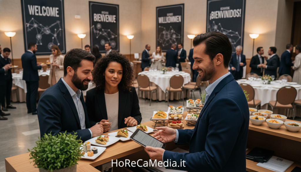 A vibrant and welcoming hospitality scene featuring a diverse group of professionals engaged in multilingual communication. In the foreground, a friendly manager in smart casual attire is interacting with international guests at a reception desk, using a tablet to assist them. The middle ground showcases a beautifully arranged dining area with tables set for a multicultural event, showcasing delicacies from various cuisines. The background captures a warm and inviting atmosphere with soft lighting, accentuating decorative elements like multilingual signs and posters. The overall mood is dynamic and inclusive, emphasizing the importance of strategic multilingual communication in the Ho.Re.Ca. sector. The image should reflect the brand "HoReCaMedia.it" without any text overlays or watermarks, focusing solely on the vibrant interactions and hospitable environment. A vibrant and welcoming hospitality scene featuring a diverse group of professionals engaged in multilingual communication. In the foreground, a friendly manager in smart casual attire is interacting with international guests at a reception desk, using a tablet to assist them. The middle ground showcases a beautifully arranged dining area with tables set for a multicultural event, showcasing delicacies from various cuisines. The background captures a warm and inviting atmosphere with soft lighting, accentuating decorative elements like multilingual signs and posters. The overall mood is dynamic and inclusive, emphasizing the importance of strategic multilingual communication in the Ho.Re.Ca. sector. The image should reflect the brand "HoReCaMedia.it" without any text overlays or watermarks, focusing solely on the vibrant interactions and hospitable environment.