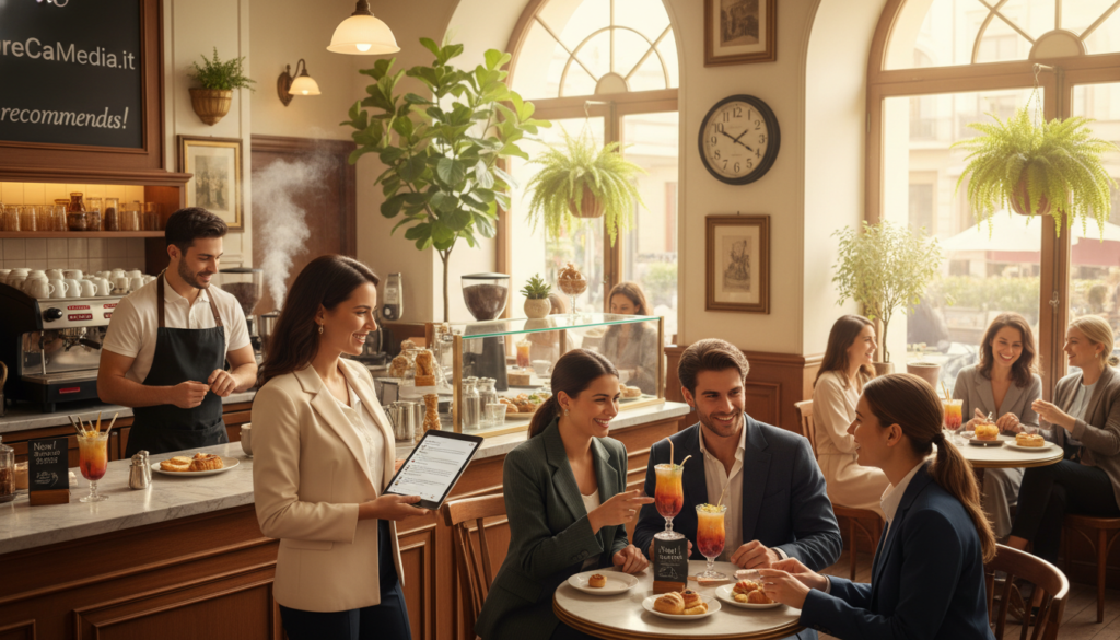 A vibrant café scene showcasing the essence of influencer marketing in the HoReCa sector. In the foreground, a diverse group of three influencers, dressed in professional business attire, are engaging with patrons and promoting a new beverage. The middle ground features a stylish barista preparing drinks, while patrons enjoy their meals, creating a lively atmosphere. In the background, the café is decorated with chic décor and plants, creating an inviting ambiance. Soft, natural lighting filters through large windows, giving the scene a warm glow. The camera angle is slightly elevated, capturing the social interaction and marketing strategy at play. Include subtle branding elements that hint at "HoReCaMedia.it," reinforcing the focus on the influencer marketing dynamic within the hospitality industry.
