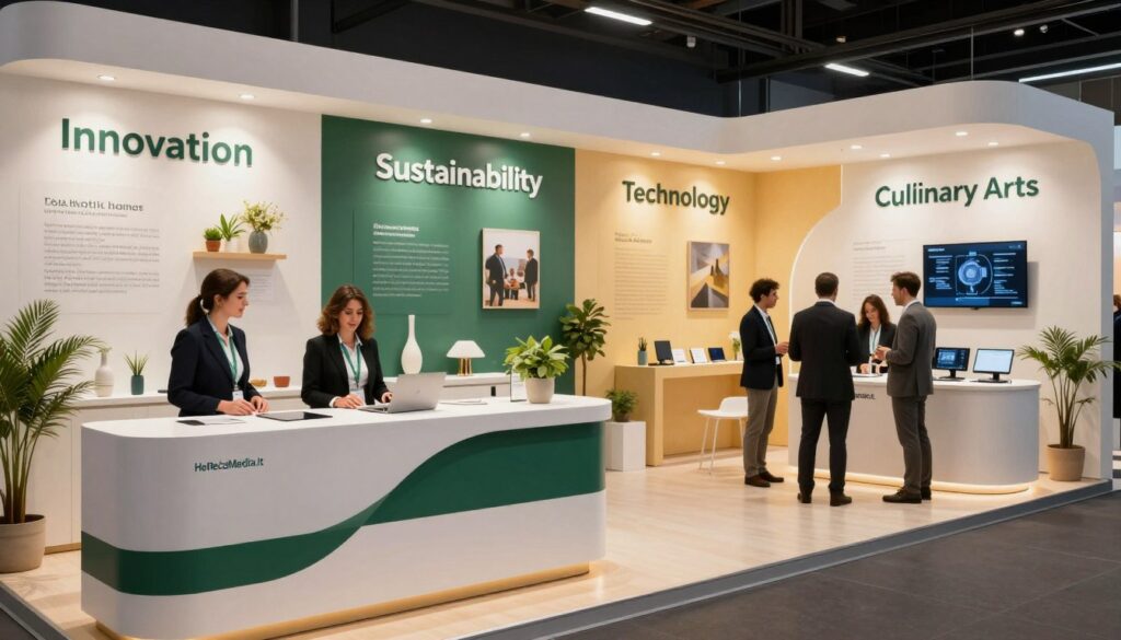 A vibrant exhibition space showcasing four thematic areas representing the essence of the Italian hospitality sector. In the foreground, a stylized reception desk with friendly staff wearing professional business attire greeting visitors. The middle ground features distinct sections labeled "Innovation," "Sustainability," "Technology," and "Culinary Arts," each adorned with elegant decor, informative displays, and engaging demonstrations. The background captures an inviting atmosphere, with soft ambient lighting highlighting the different areas, complemented by sleek modern design elements and subtle plants enhancing the natural feel. The entire scene conveys a dynamic and welcoming mood, ideal for a professional hospitality showcase. The brand name "HoReCaMedia.it" is subtly integrated into the design elements, reflecting industry expertise.