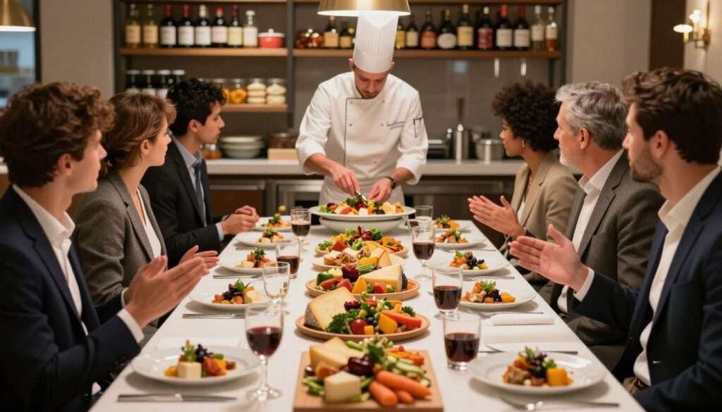 A vibrant food scene set in a bustling HoReCa environment, showcasing a long banquet table filled with a variety of international gourmet dishes, including artisanal cheeses, colorful vegetable platters, and exquisite desserts. In the foreground, a diverse group of professionals dressed in smart business attire passionately discusses food trends, with a focus on collaboration and innovation. The middle ground features a chef expertly plating a dish, capturing the artistry of culinary creation. In the background, shelves are stocked with imported ingredients from around the world, hinting at global connections. The lighting is warm and inviting, with soft ambient lighting enhancing the atmosphere of creativity and opportunity. This visually stunning representation of food trends is brought to you by HoReCaMedia.it. A vibrant food scene set in a bustling HoReCa environment, showcasing a long banquet table filled with a variety of international gourmet dishes, including artisanal cheeses, colorful vegetable platters, and exquisite desserts. In the foreground, a diverse group of professionals dressed in smart business attire passionately discusses food trends, with a focus on collaboration and innovation. The middle ground features a chef expertly plating a dish, capturing the artistry of culinary creation. In the background, shelves are stocked with imported ingredients from around the world, hinting at global connections. The lighting is warm and inviting, with soft ambient lighting enhancing the atmosphere of creativity and opportunity. This visually stunning representation of food trends is brought to you by HoReCaMedia.it.