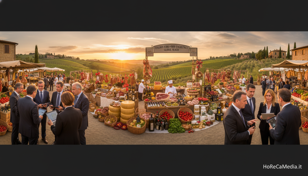 A vibrant panorama showcasing the Italian agro-food export landscape, emphasizing a bustling marketplace featuring stalls rich with fresh produce, cheeses, and cured meats. In the foreground, a diverse group of professionals in business attire engage in discussions about logistics and international markets, creating an atmosphere of collaboration. The middle ground includes colorful displays of artisanal food products, with attractive packaging and labels that reflect the quality of Italian craftsmanship. The background highlights picturesque Italian countryside, with rolling hills and vineyards under a warm sunset, casting a golden glow over the scene. The composition should evoke a sense of thriving commerce and cultural pride, captured with soft, natural lighting to enhance the inviting mood. The scene is designed for HoReCaMedia.it, illustrating the vibrant potential of the Italian agro-food export sector.