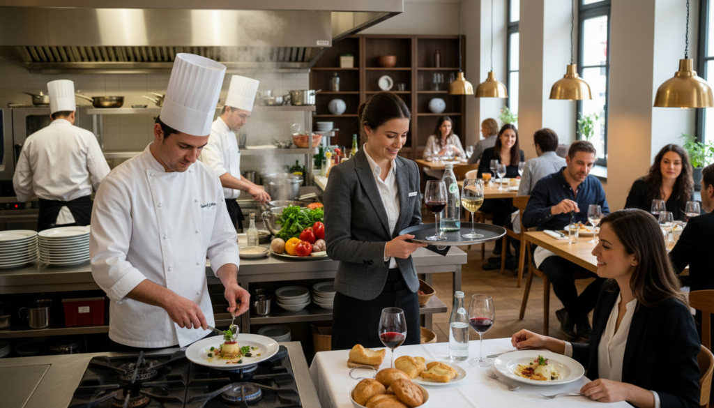 A vibrant restaurant scene depicting a harmonious collaboration between kitchen staff and waitstaff, embodying the essence of a successful "brigate sala e cucina." In the foreground, a male chef in a pristine white uniform skillfully garnishes a plate, while a female server in smart business attire carefully serves drinks to guests at a well-set table. In the middle, a bustling kitchen features chefs engaged in meal preparation, with pots steaming and fresh ingredients displayed. The background showcases a stylish dining area, filled with patrons enjoying their meals, ambient lighting creating a warm and inviting atmosphere. The image should evoke a sense of teamwork and professionalism, capturing the synergy in a HoReCa environment. Soft, natural lighting enhances the colors and details, shot from an angle that provides depth and context.