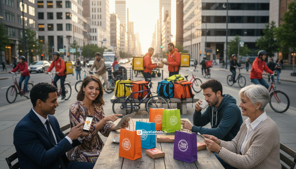 A vibrant scene illustrating the evolution of modern consumer habits in the food delivery sector. In the foreground, a diverse group of individuals in professional and modest casual attire engaging with smartphones, placed on a café table. The middle ground features an array of colorful food delivery packages from various restaurants, reflecting diversity in cuisine. The background shows a bustling urban setting, with delivery scooters and bikes zipping by amidst modern architecture. Soft, natural lighting creates a warm ambiance, highlighting the energetic and dynamic mood of consumerism. Use a wide-angle lens to capture the interconnectedness of technology and dining trends. Include subtle branding elements from HoReCaMedia.it integrated into the scene, focusing on the concept of convenience in food delivery.